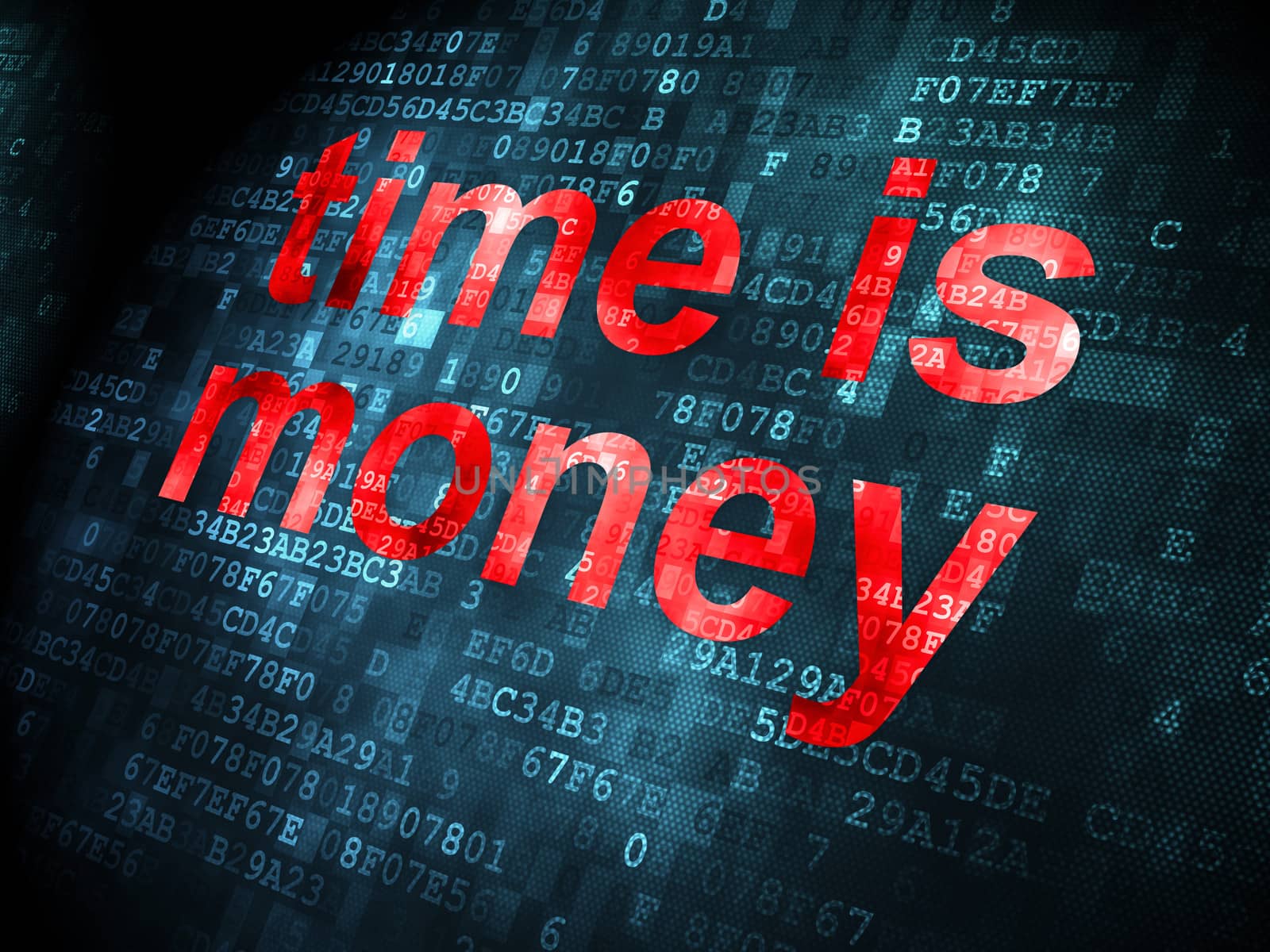Timeline concept: pixelated words Time is Money on digital background, 3d render
