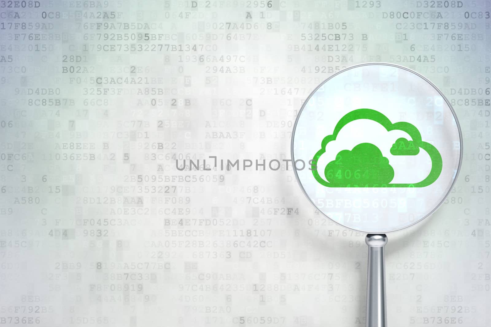 Cloud networking concept: magnifying optical glass with Cloud icon on digital background, empty copyspace for card, text, advertising, 3d render