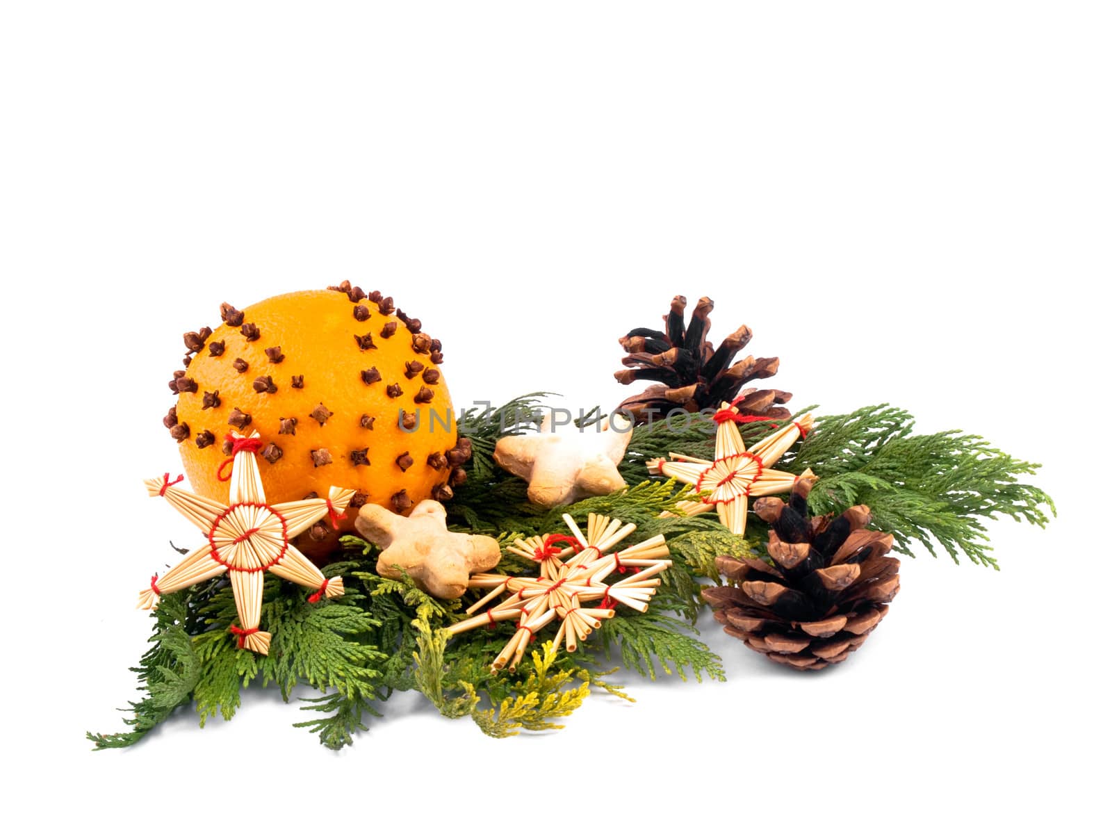 Orange with cloves and christmas ornaments by mrsNstudio