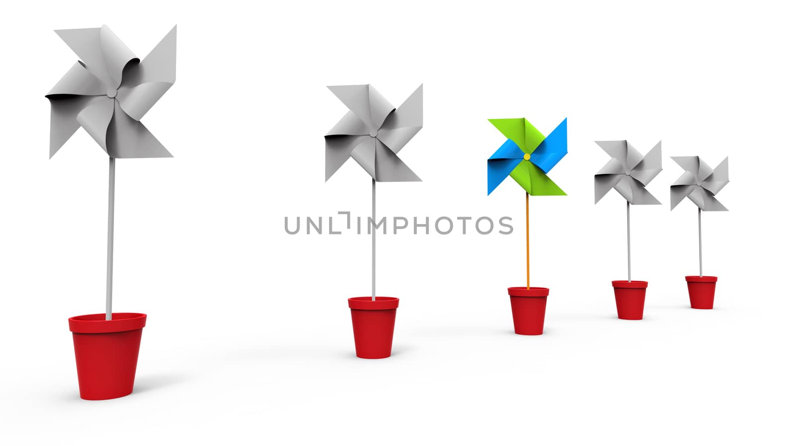 Gray and colored pinwheels in a row, isolated on white