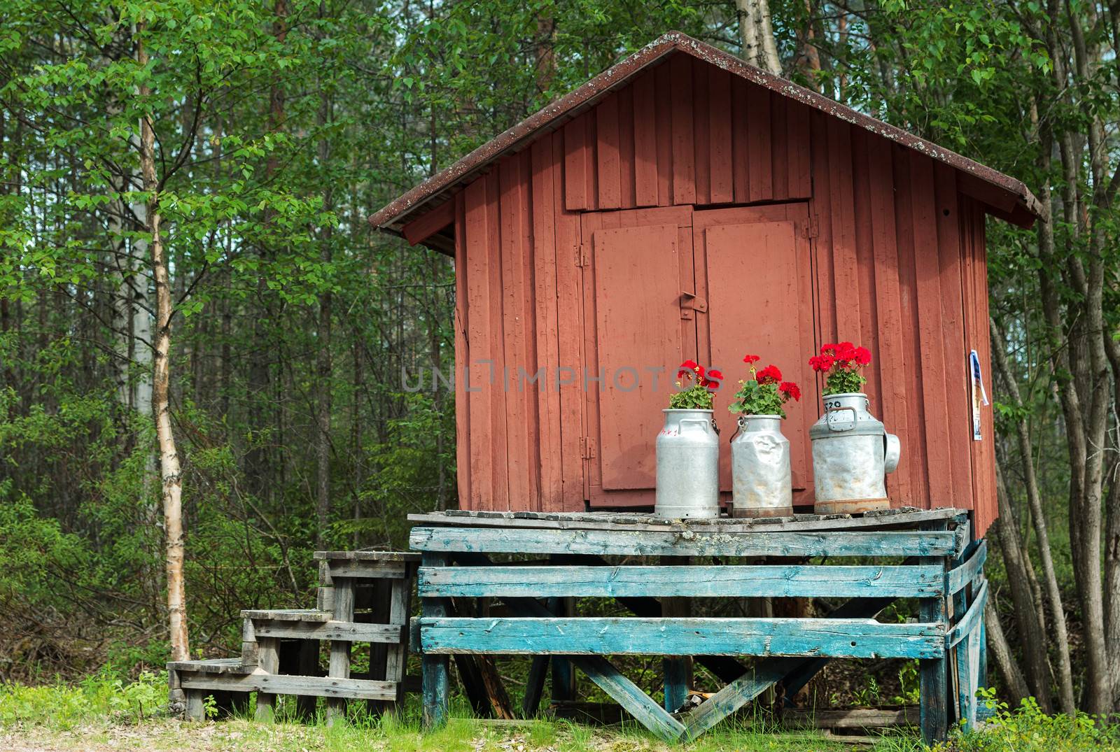 Decoration with milk canisters in front of small barn in Lapland. by Claudine