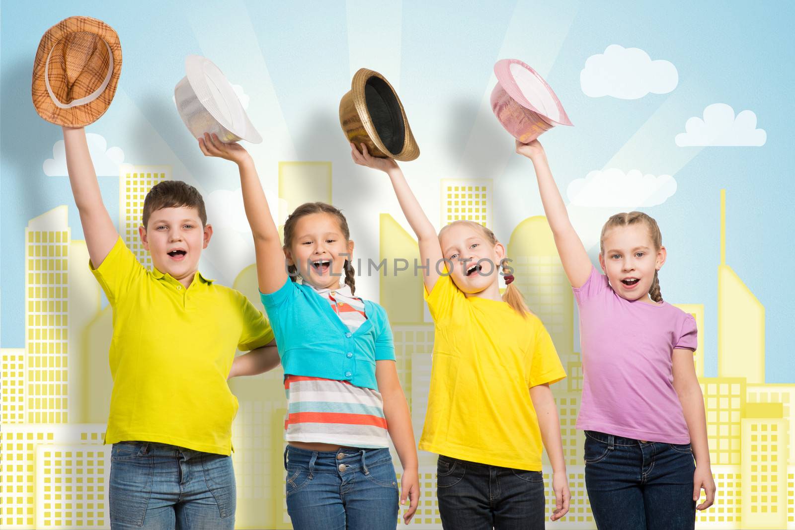 children in a row, wearing a hat. hands up and laugh