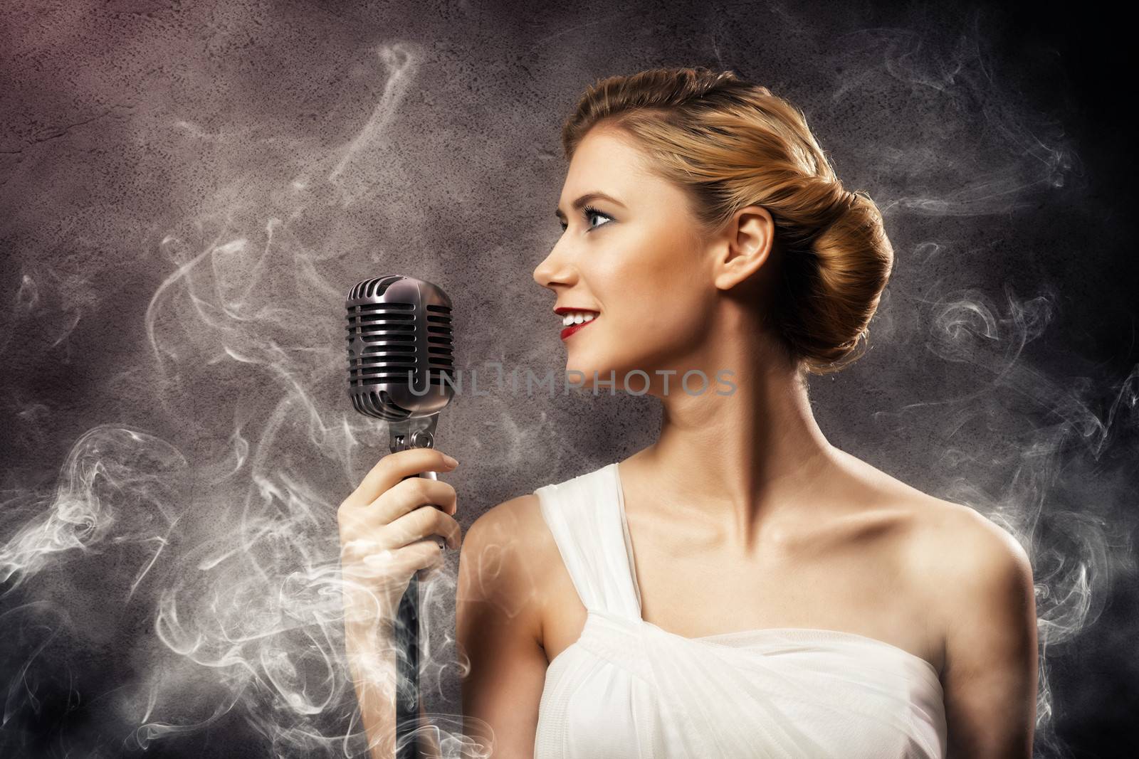 beautiful blonde woman singer with a microphone by adam121