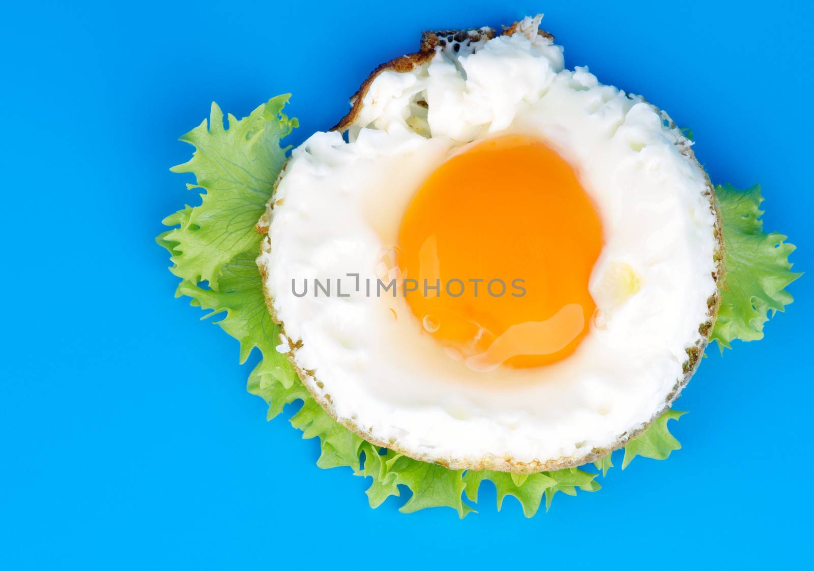 Fried Eggs Sunny Side Up with Lettuce on Blue background. Top View