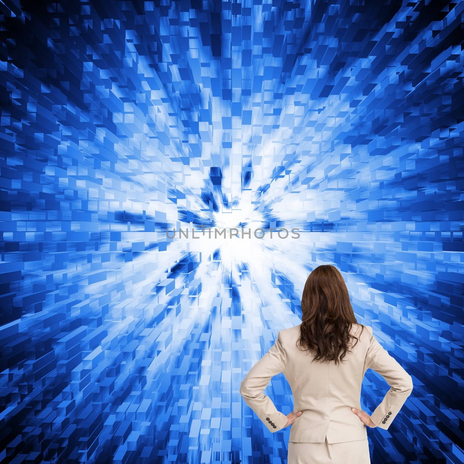 Composite image of businesswoman standing back to camera watching futuristic black and blue background