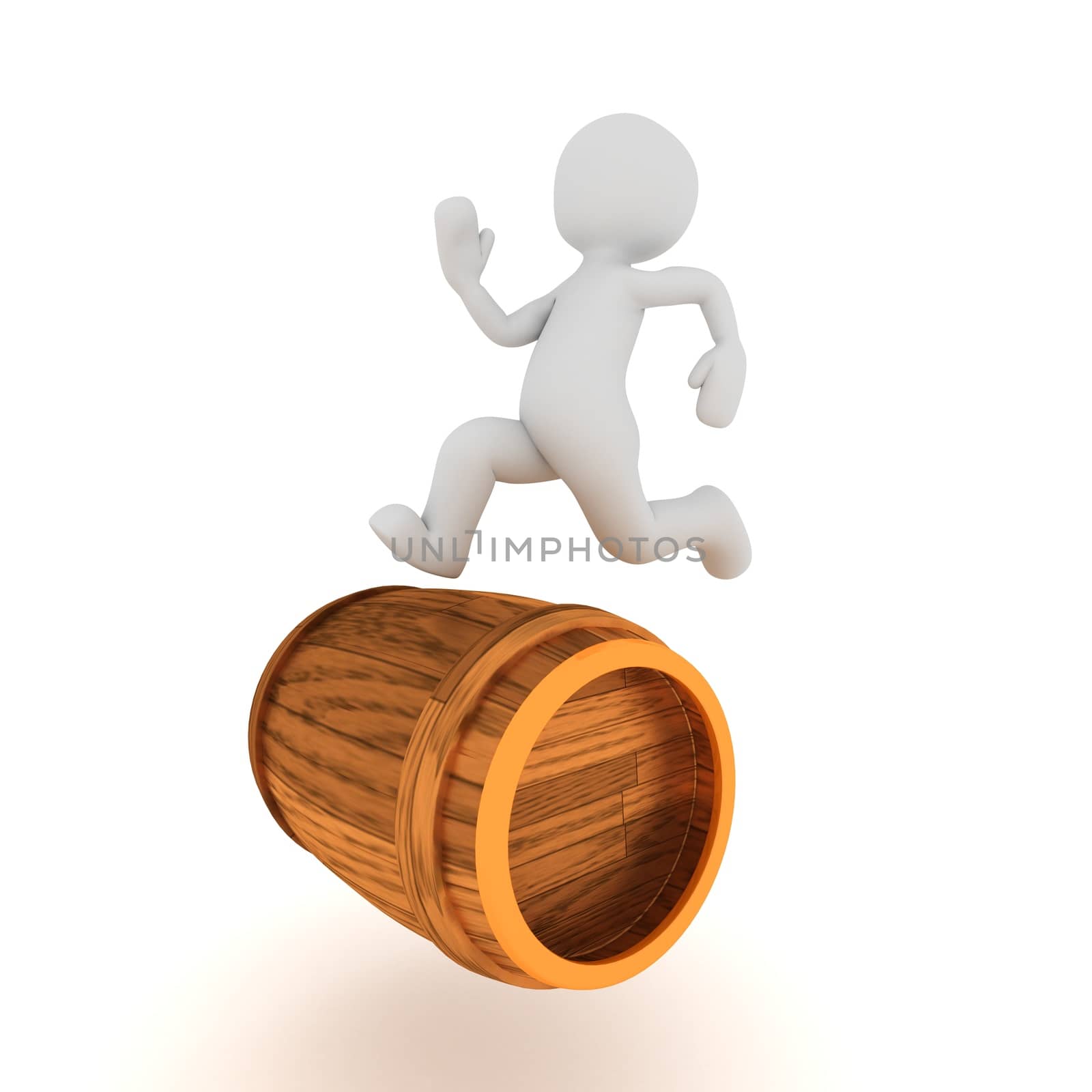 A 3d character running on a wine barrel.