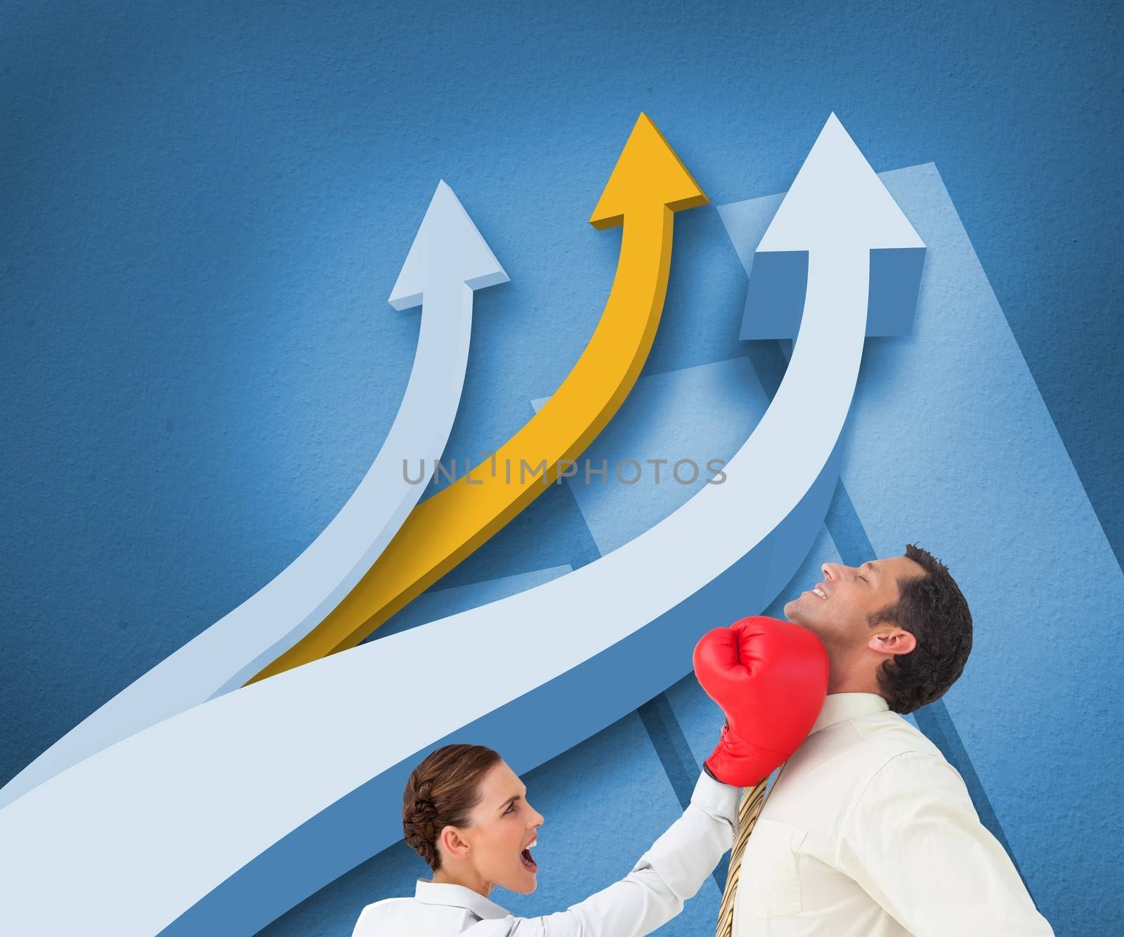 Composite image of businesswoman hitting a businessman with boxing gloves in front of arrows on blue background