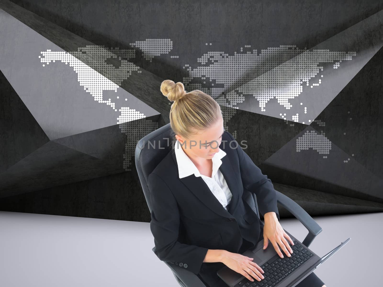 Composite image of businesswoman sitting on swivel chair with laptop on global dark background