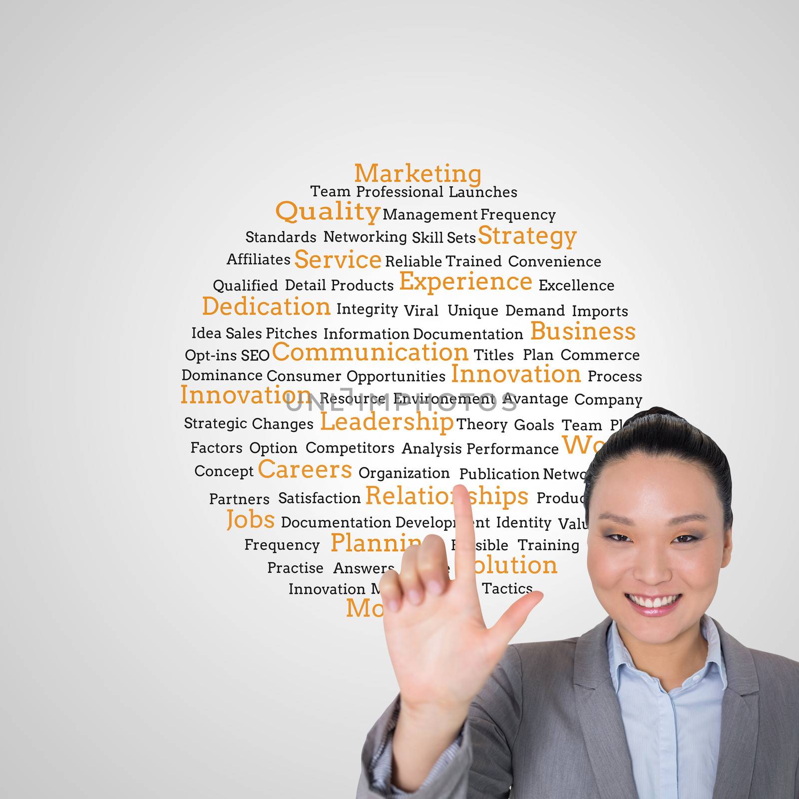 Composite image of smiling asian businesswoman pointing