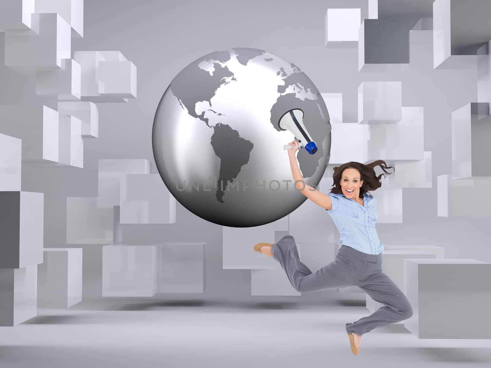 Composite image of cheerful businesswoman jumping while holding megaphone by Wavebreakmedia