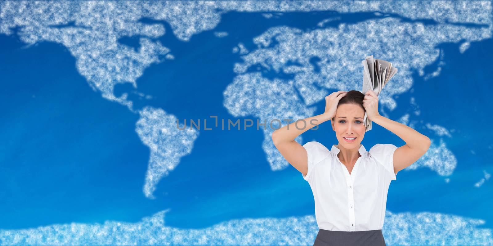 Composite image of worried businesswoman holding newspaper by Wavebreakmedia