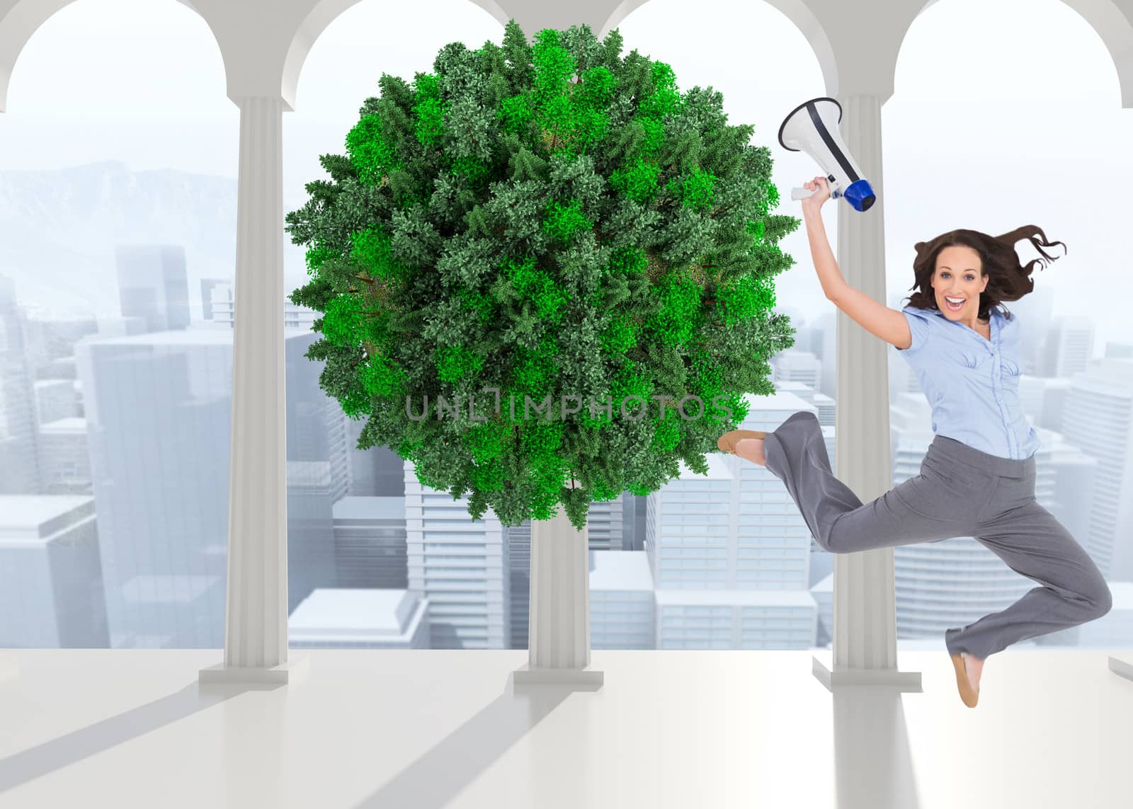 Composite image of cheerful businesswoman jumping while holding megaphone by Wavebreakmedia