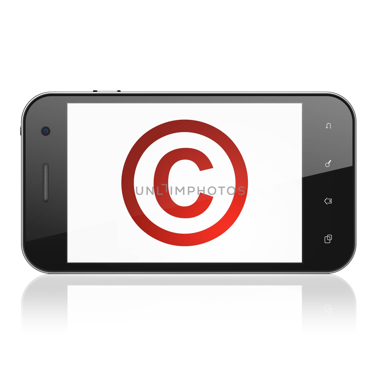 Law concept: smartphone with Copyright icon on display. Mobile smart phone on White background, cell phone 3d render