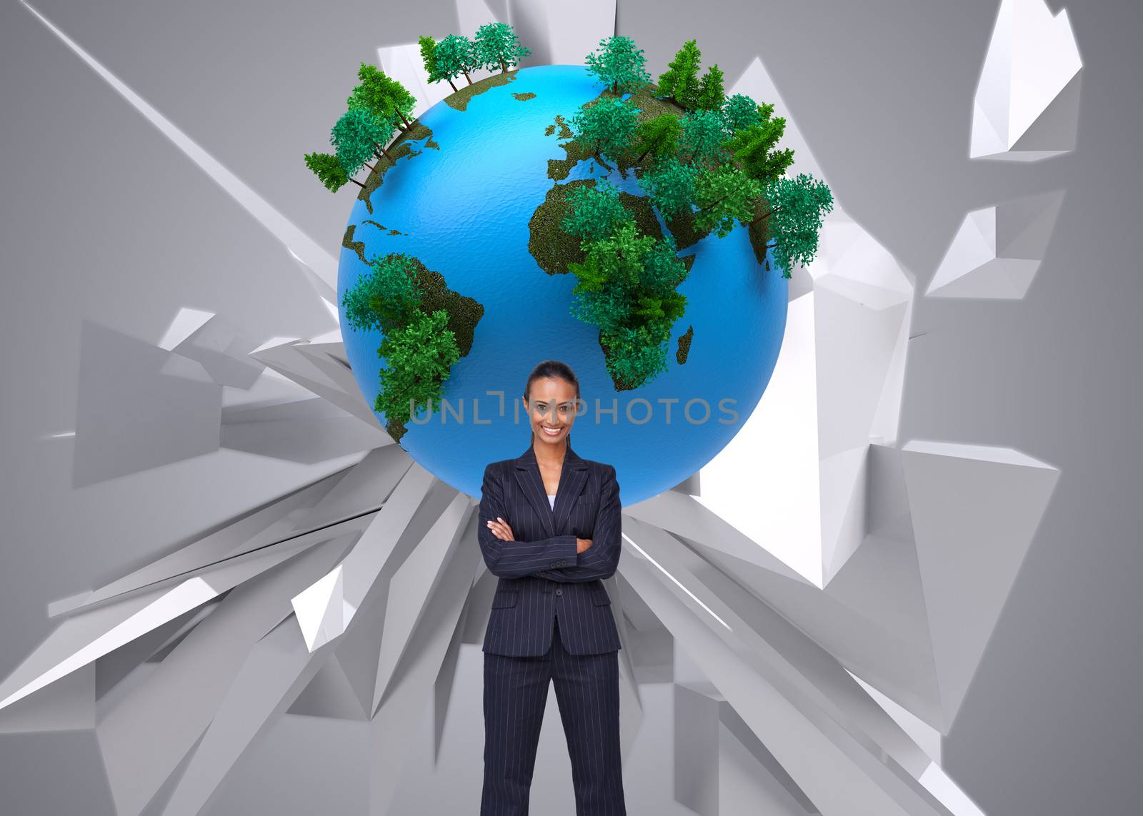 Composite image of confident businesswoman smiling at the camera agaisnt white