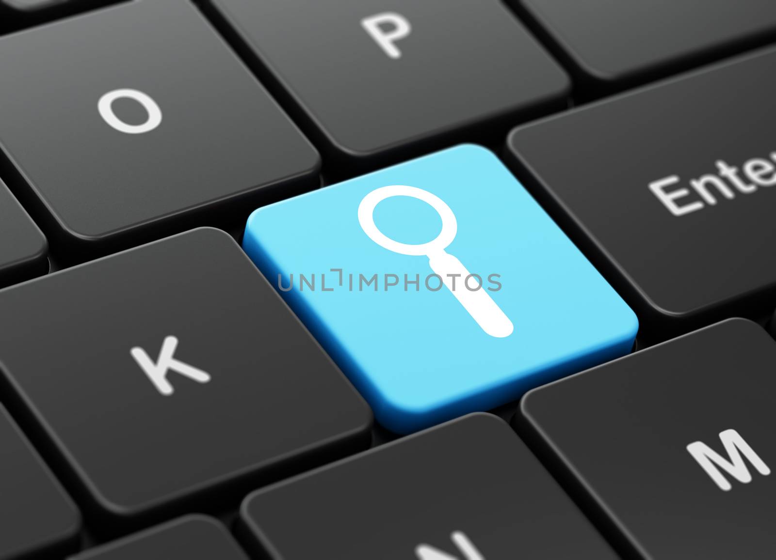 Web design concept: computer keyboard with Search icon on enter button background, 3d render