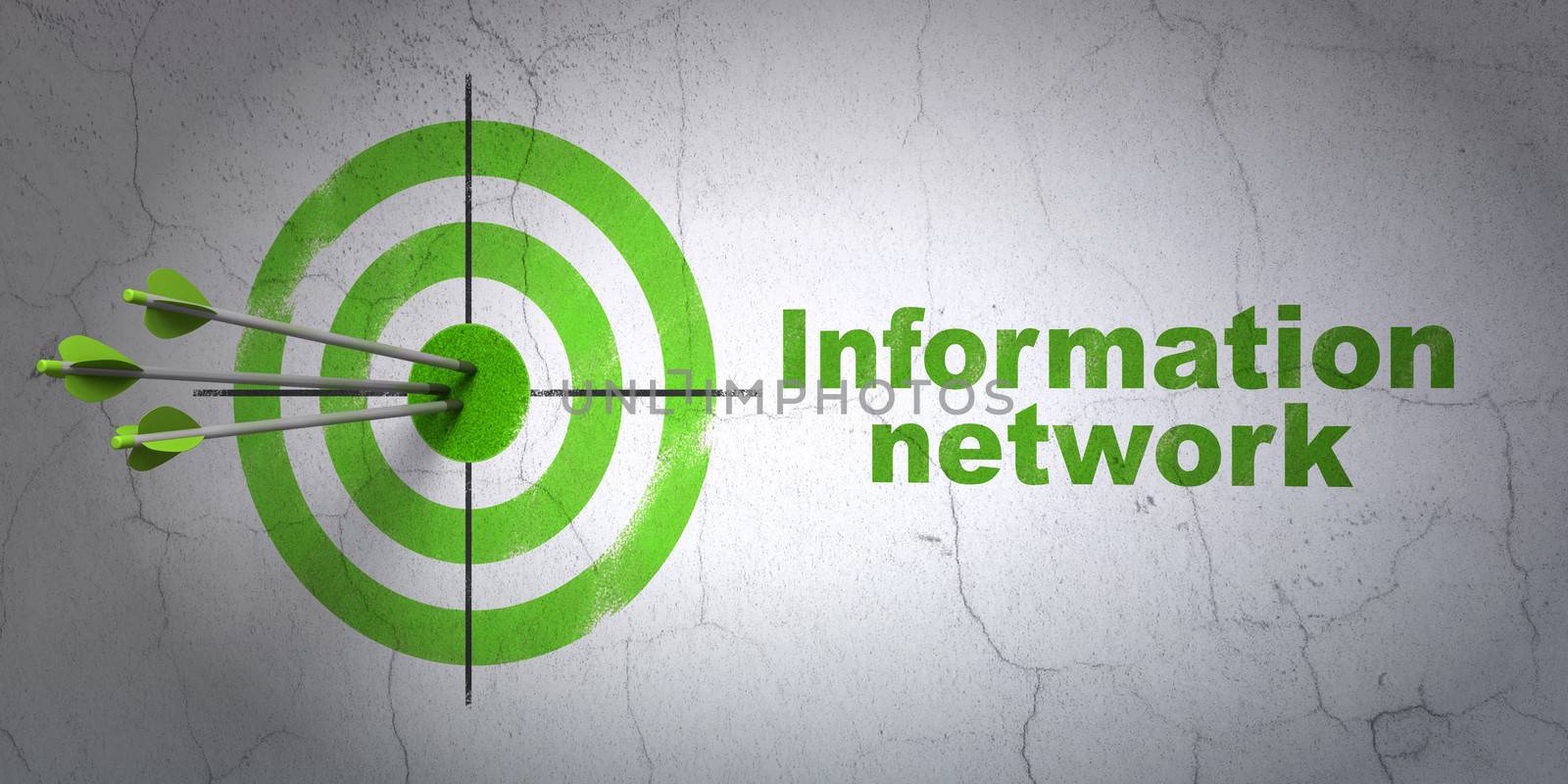 Success Data concept: arrows hitting the center of target, Green Information Network on wall background, 3d render