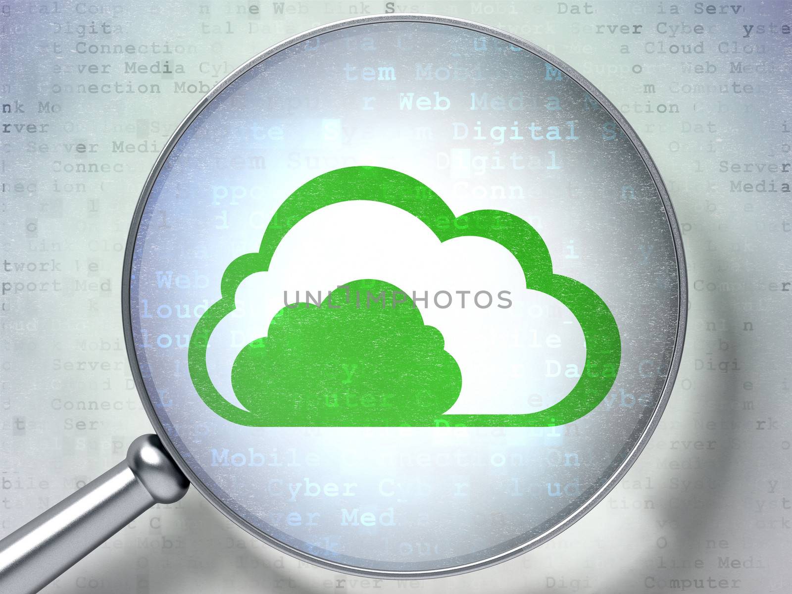 Cloud networking concept: magnifying optical glass with Cloud icon on digital background, 3d render