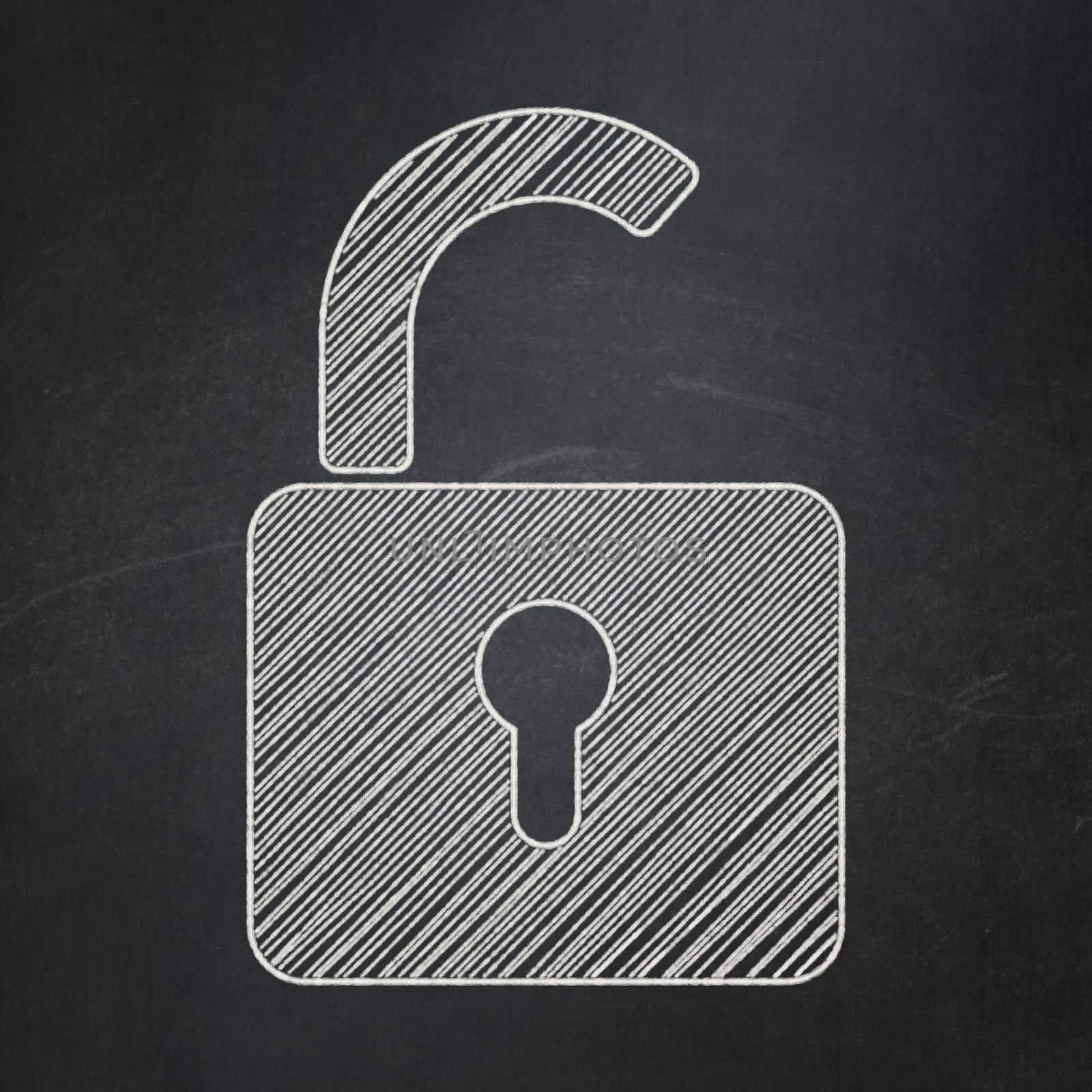 Protection concept: Opened Padlock icon on Black chalkboard background, 3d render