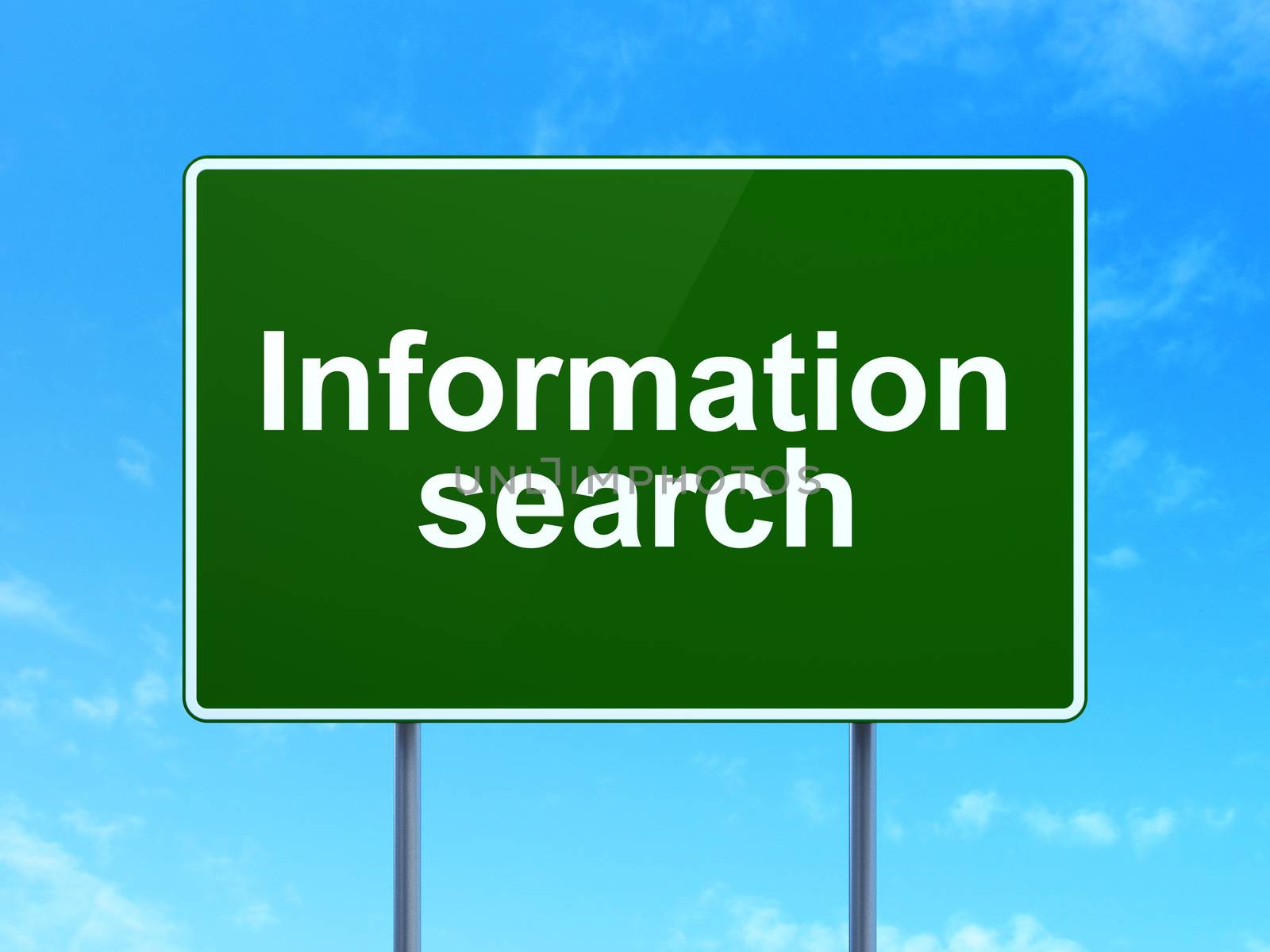 Data concept: Information Search on green road (highway) sign, clear blue sky background, 3d render