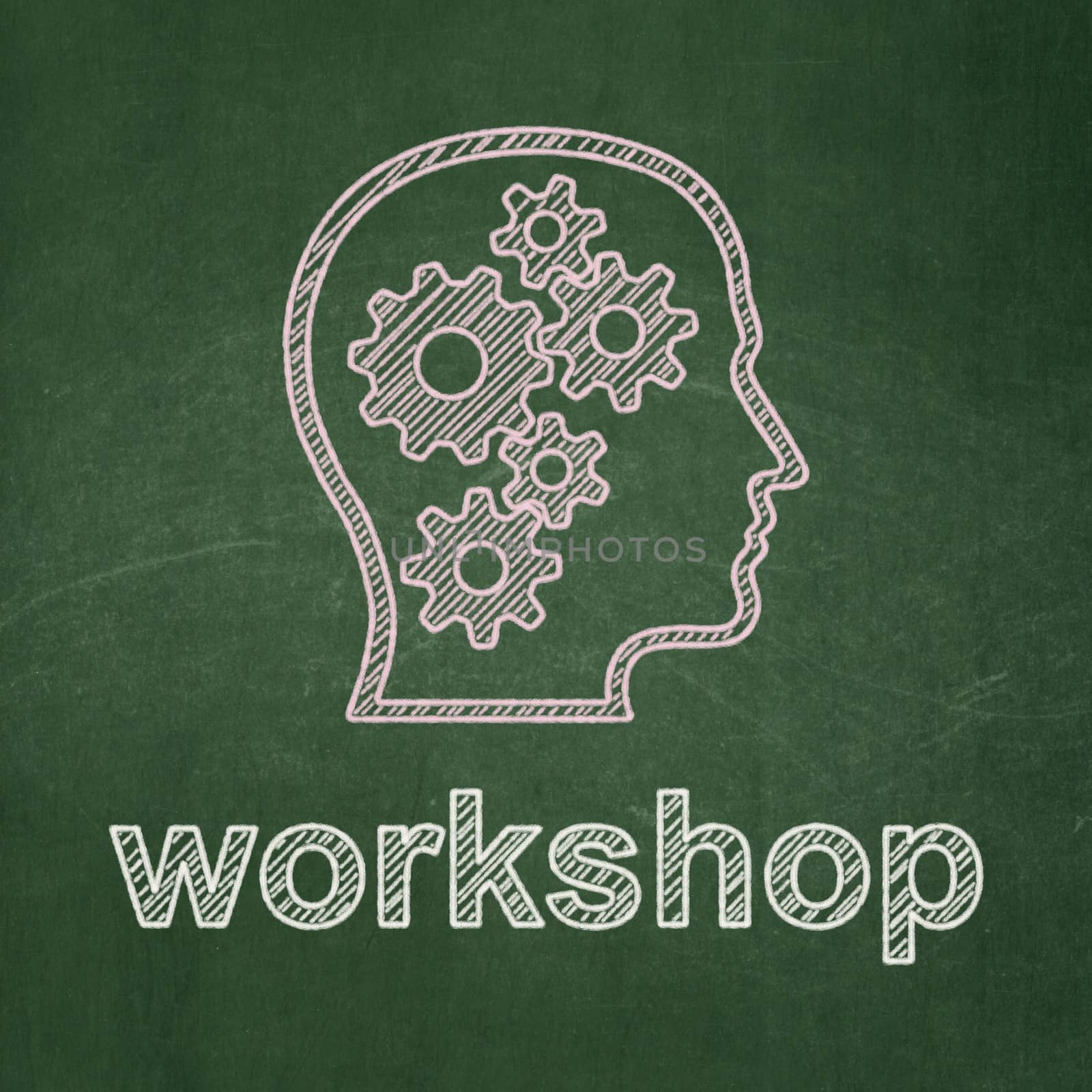 Education concept: Head With Gears icon and text Workshop on Green chalkboard background, 3d render