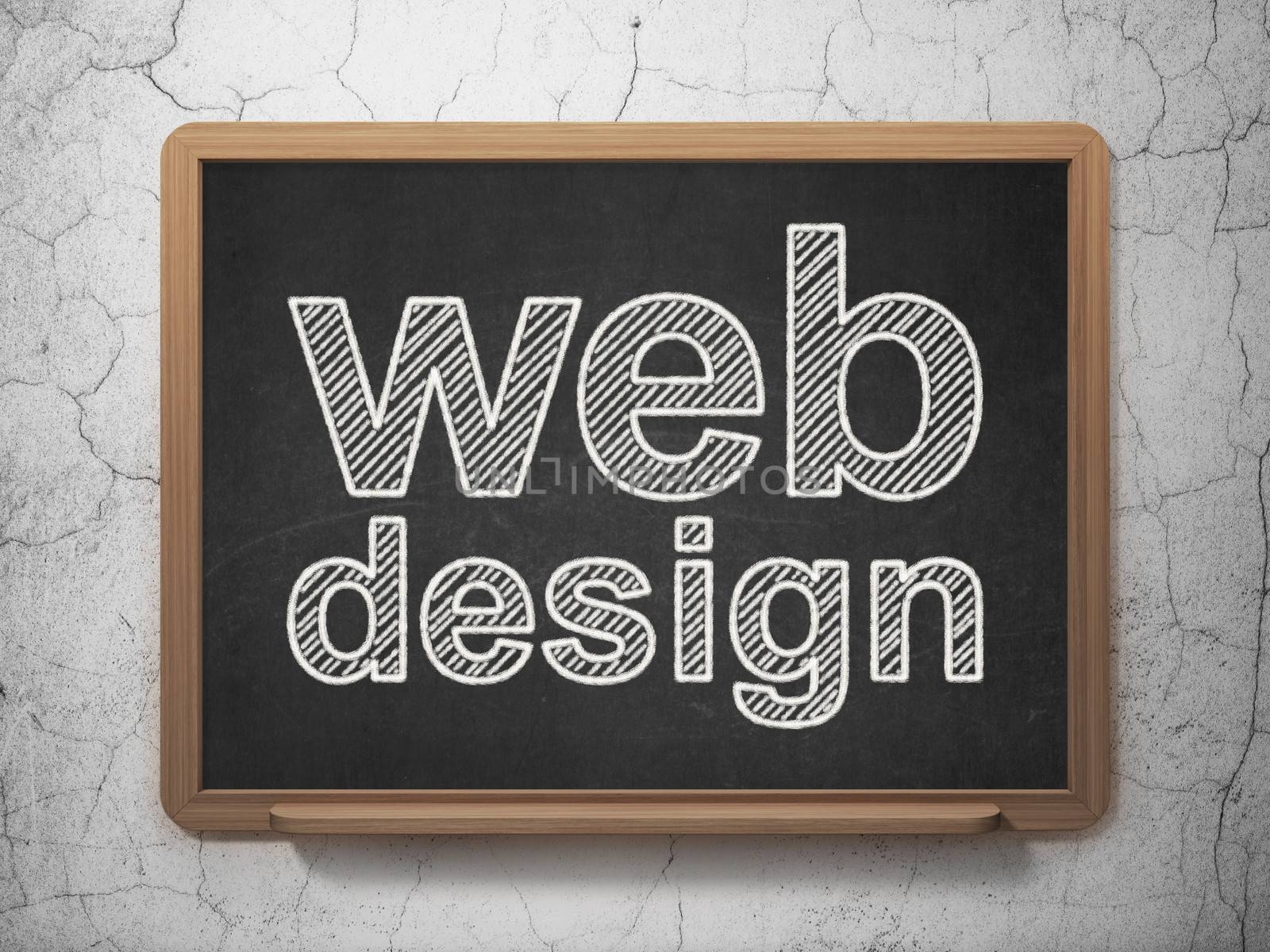 Web design concept: text Web Design on Black chalkboard on grunge wall background, 3d render