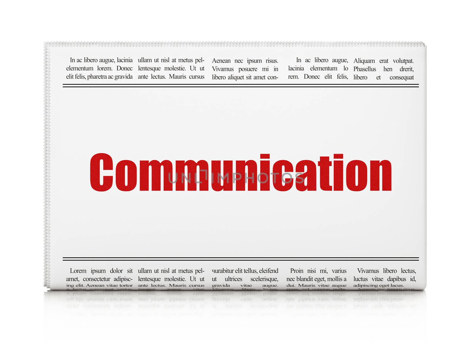 Advertising concept: newspaper headline Communication on White background, 3d render