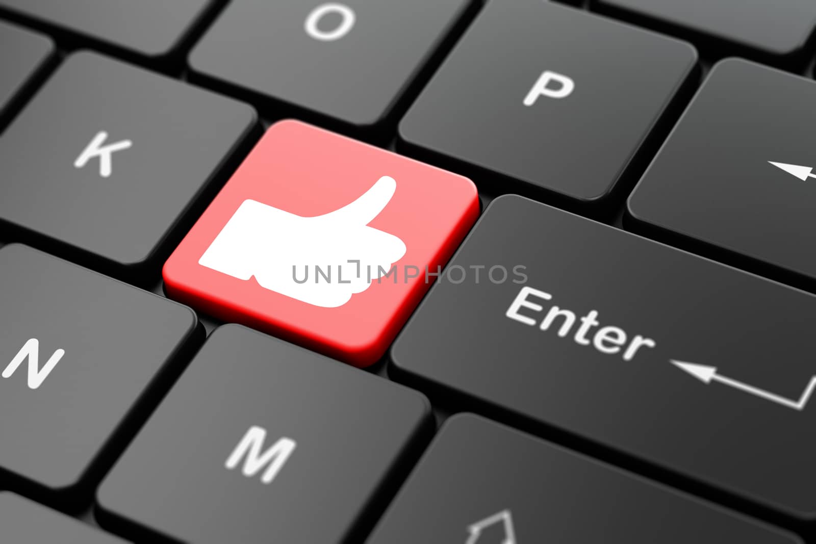 Social network concept: computer keyboard with Thumb Up icon on enter button background, 3d render