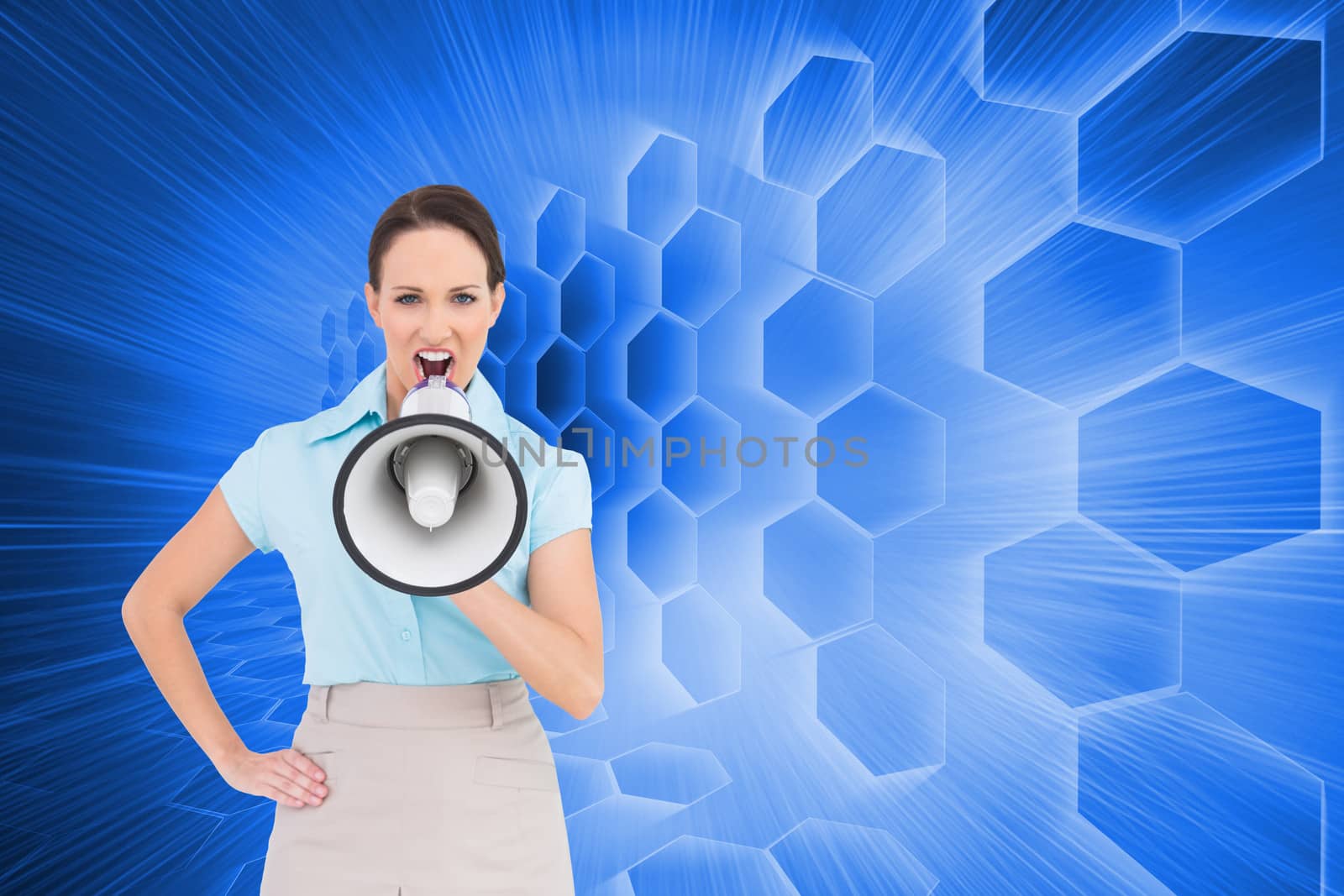 Composite image of furious classy businesswoman talking in megaphone while posing