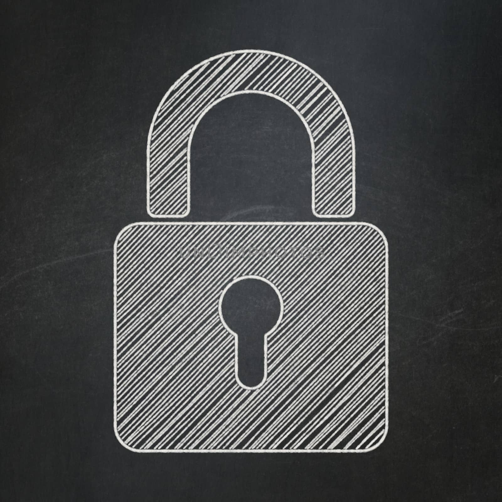 Privacy concept: Closed Padlock icon on Black chalkboard background, 3d render