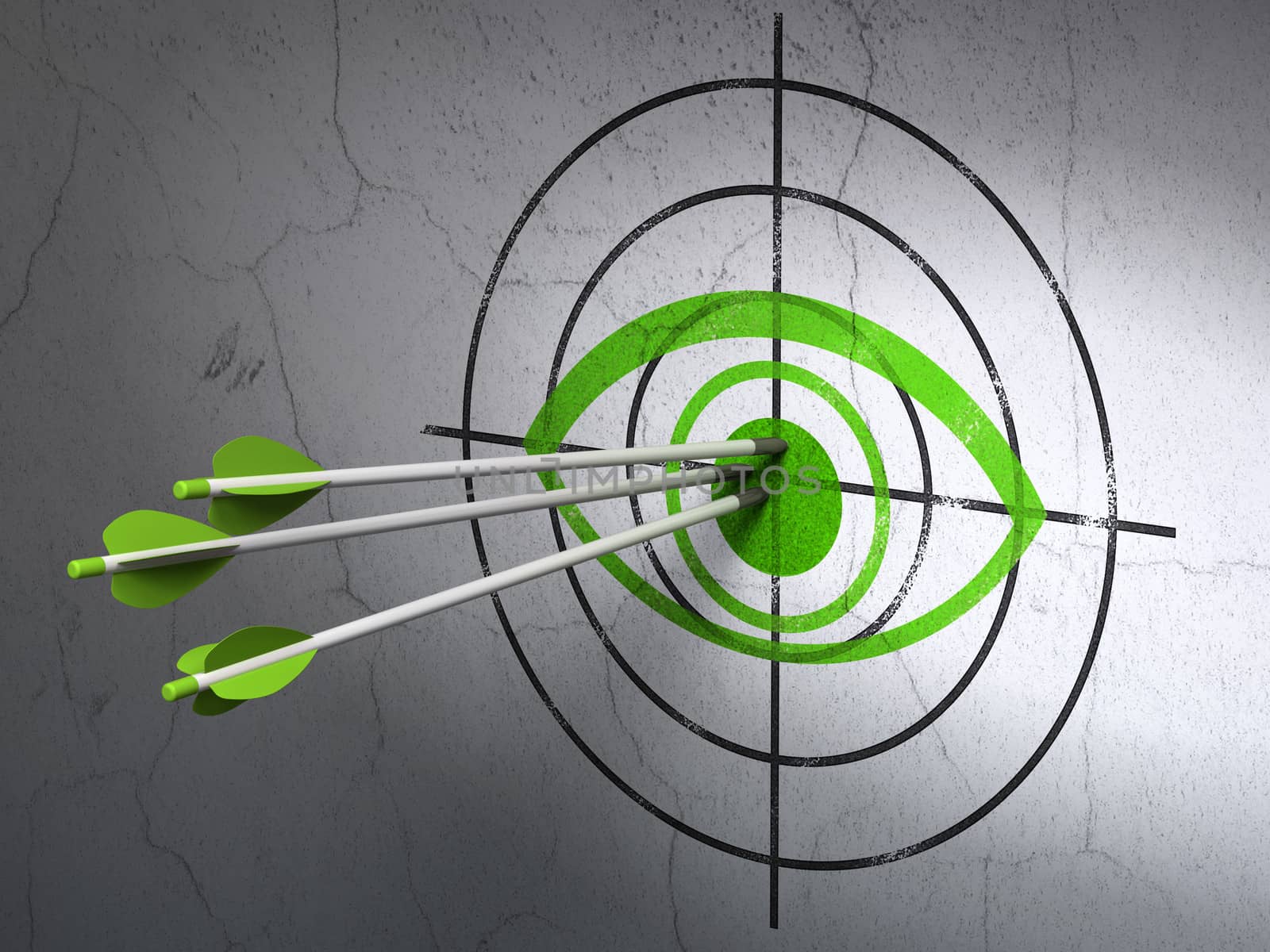 Success privacy concept: arrows hitting the center of Green Eye target on wall background, 3d render