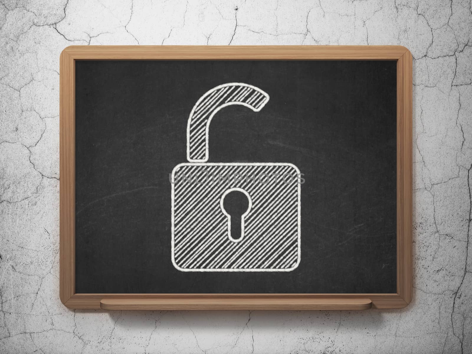 Information concept: Opened Padlock icon on Black chalkboard on grunge wall background, 3d render