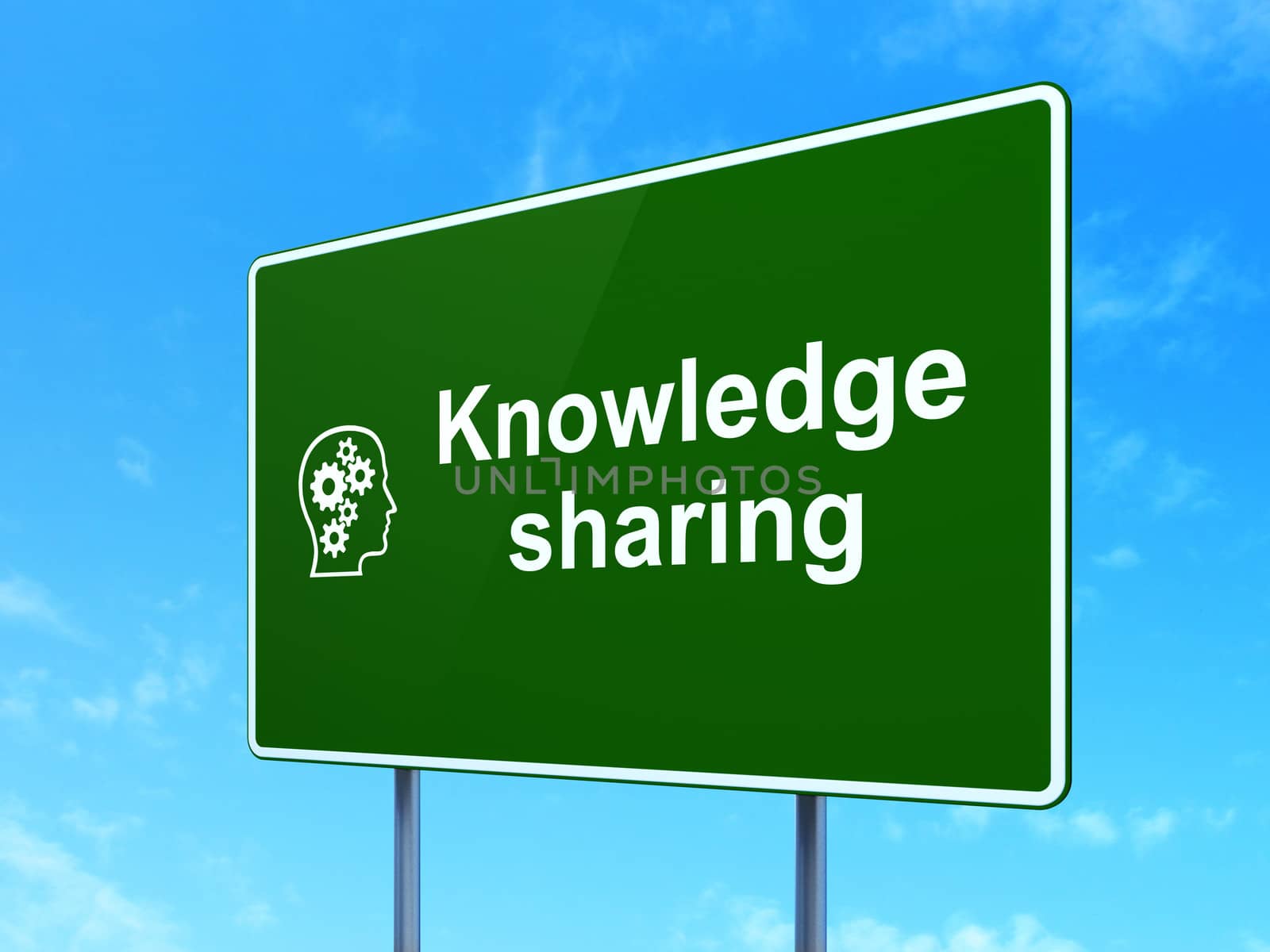 Education concept: Knowledge Sharing and Head With Gears icon on green road (highway) sign, clear blue sky background, 3d render