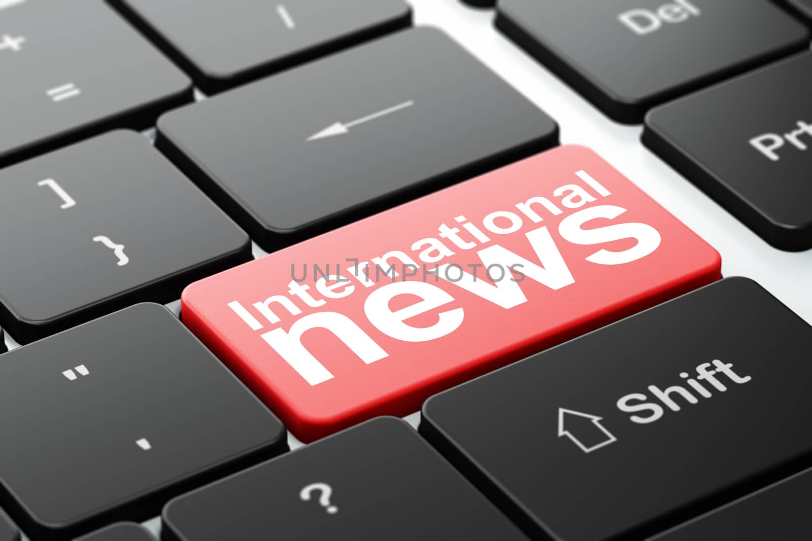 News concept: computer keyboard with word International News, selected focus on enter button background, 3d render