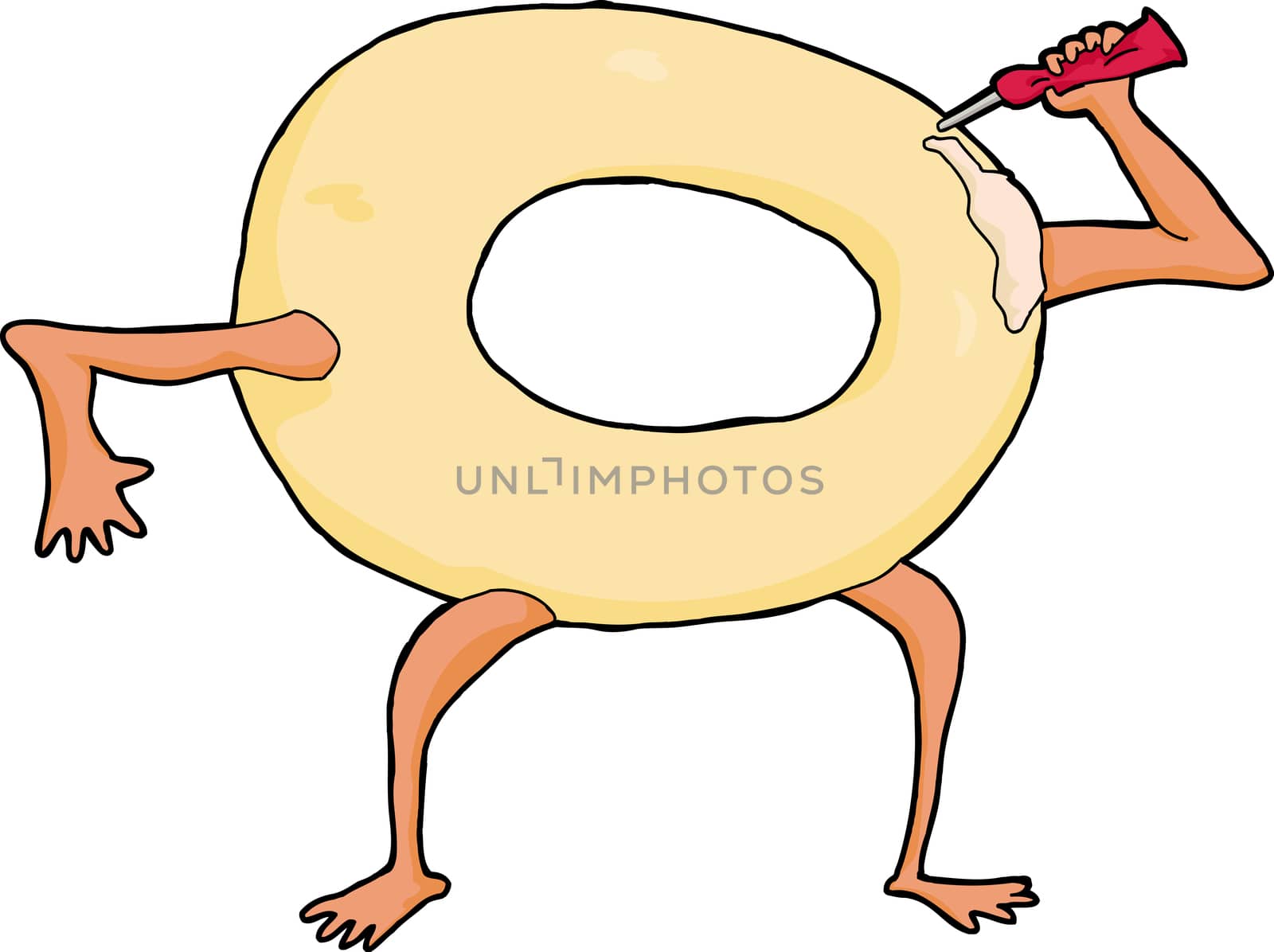 Single anthropomorphic doughnut squeezing frosting on itself