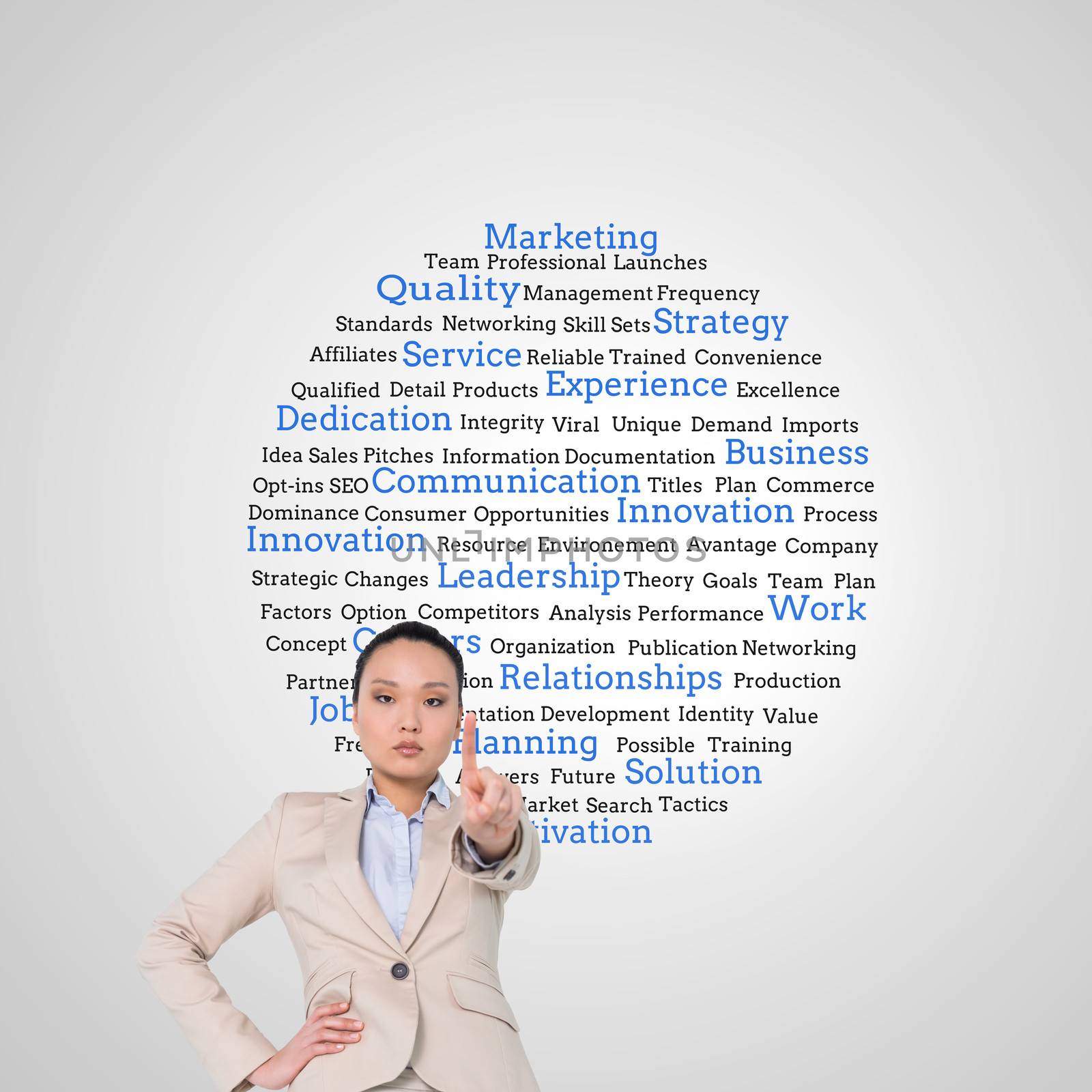 Composite image of unsmiling businesswoman pointing by Wavebreakmedia