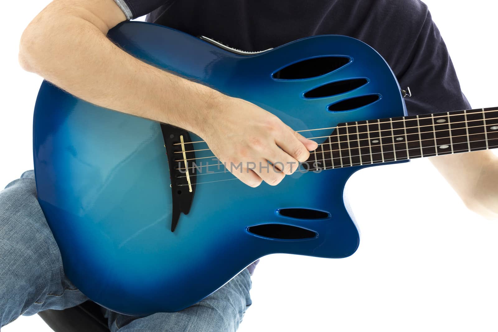 Guitarist with his blue electroacoustic guitar on white backgrou by snowwhite