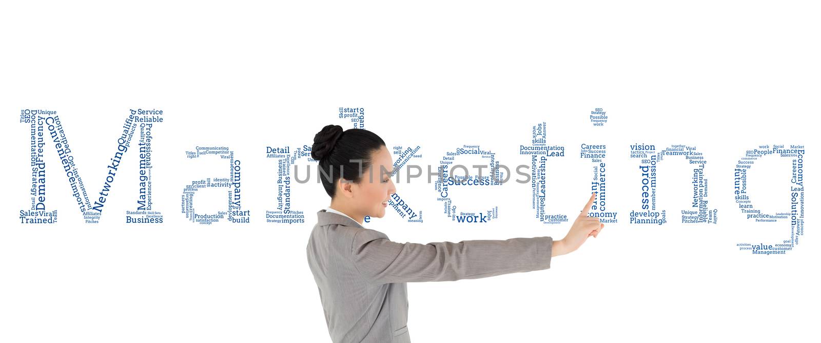 Composite image of smiling asian businesswoman pointing