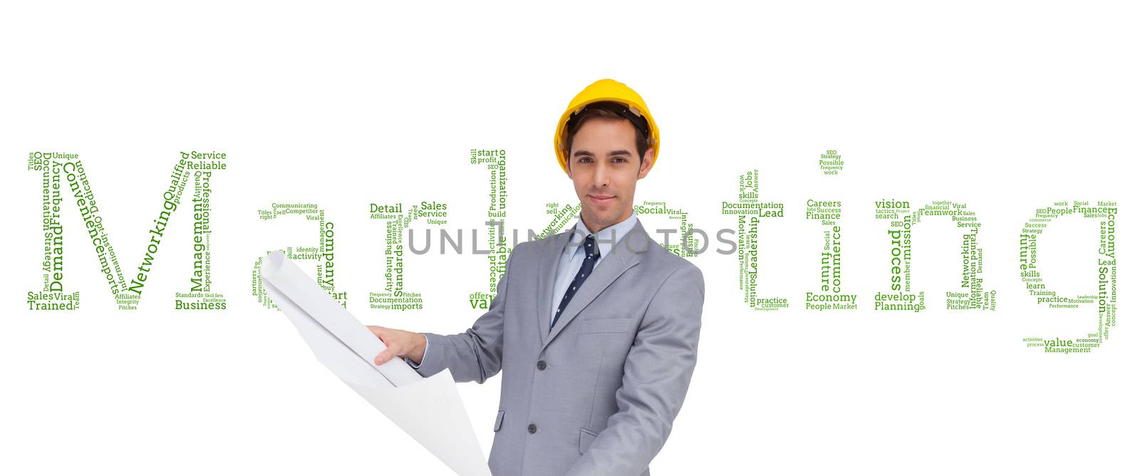 Composite image of serious architect with hard hat holding plans