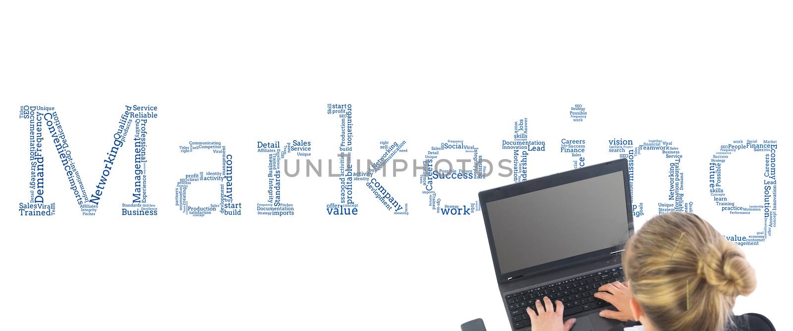 Composite image of blonde businesswoman sitting on swivel chair with laptop
