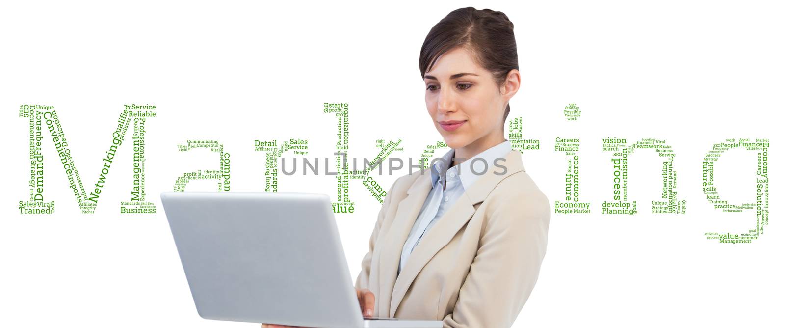 Composite image of confident businesswoman holding laptop