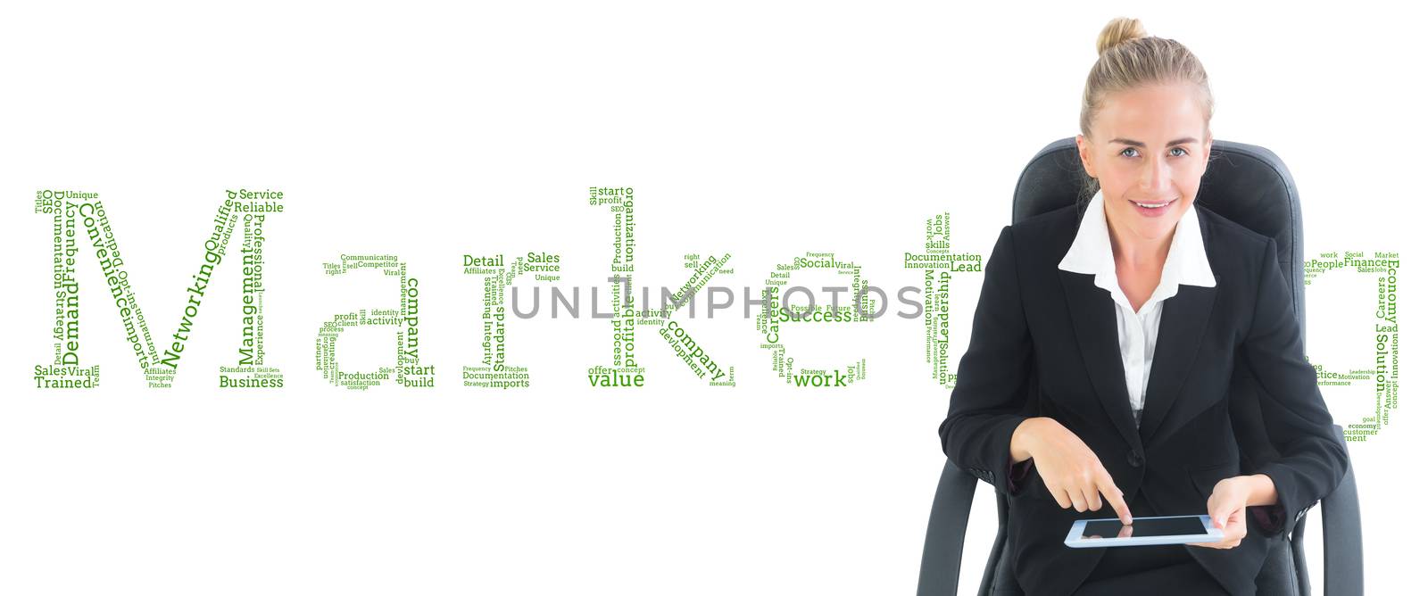 Composite image of businesswoman sitting on swivel chair with tablet by Wavebreakmedia