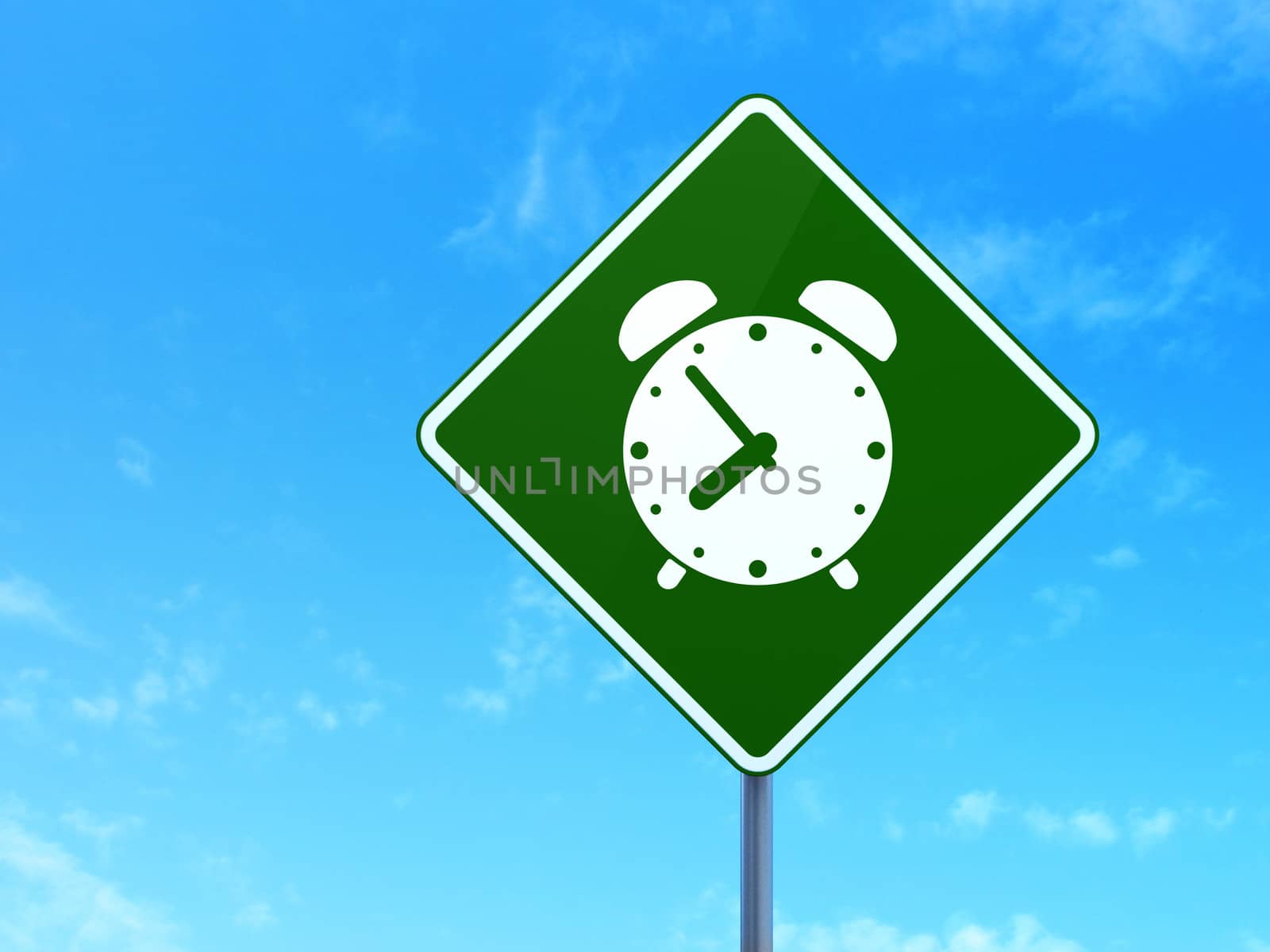 Time concept: Alarm Clock on green road (highway) sign, clear blue sky background, 3d render