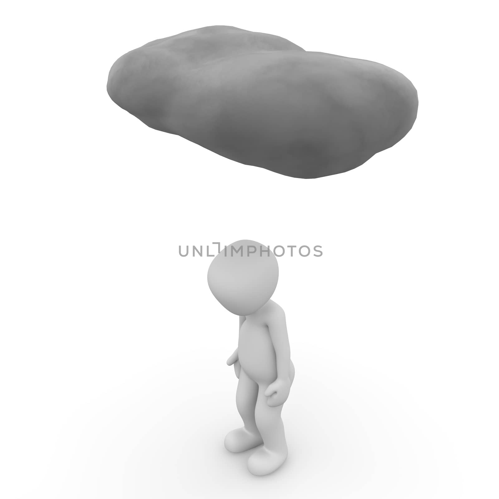 A sad 3D character unde a grey cloud