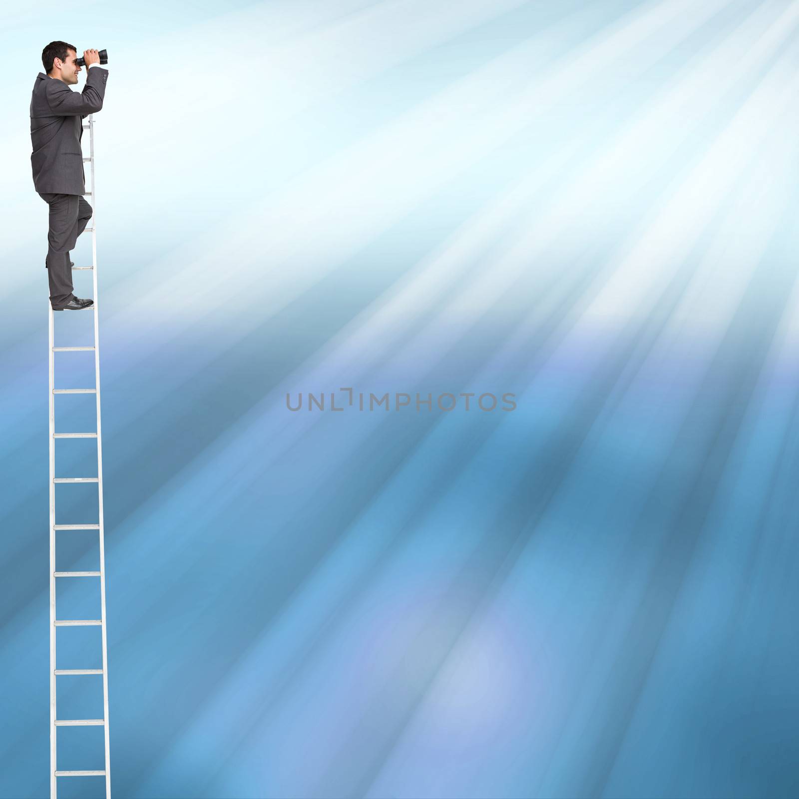 Composite image of businessman standing on ladder using binoculars by Wavebreakmedia