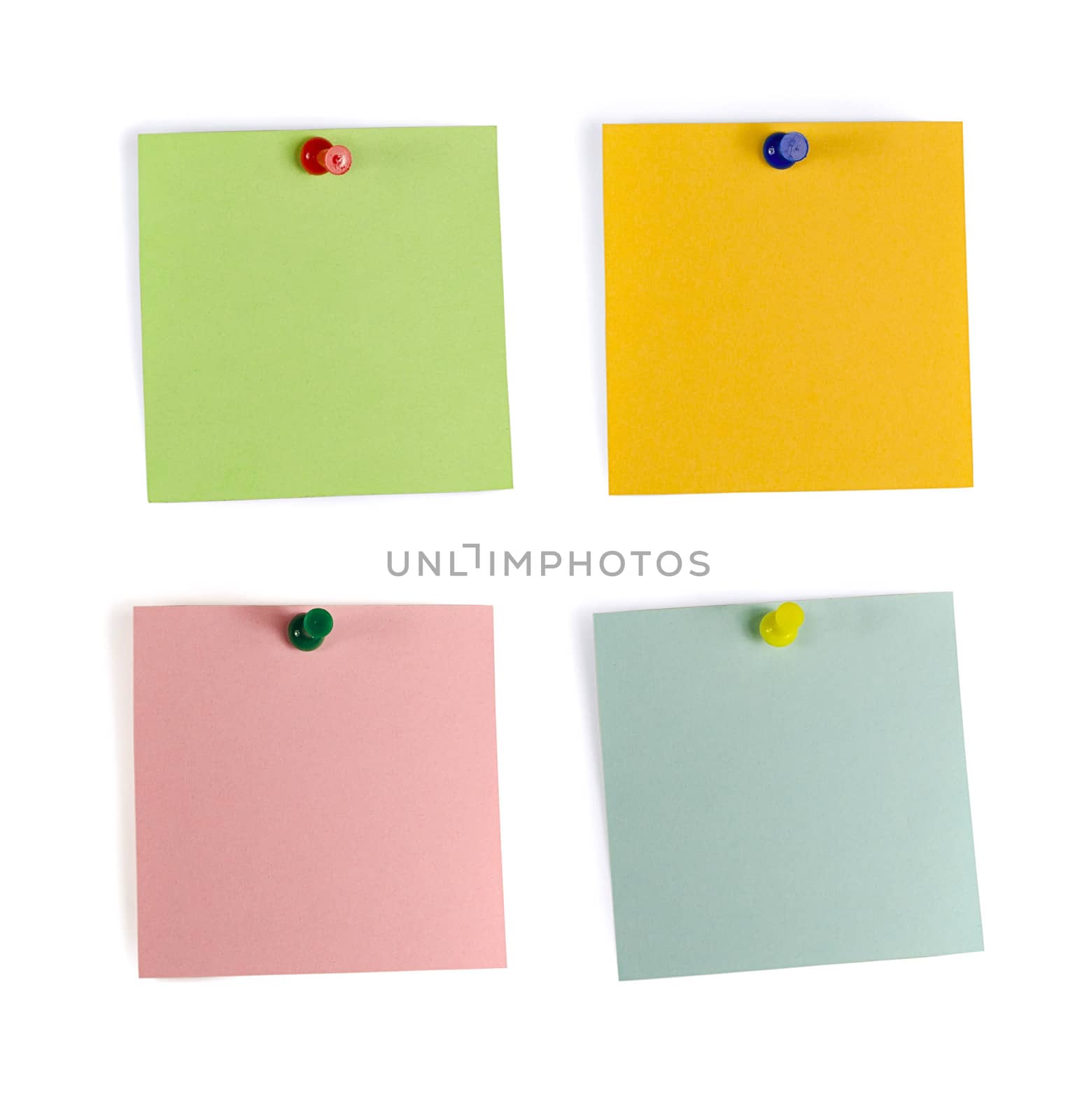 Set of four note paper with pins, isolated on white