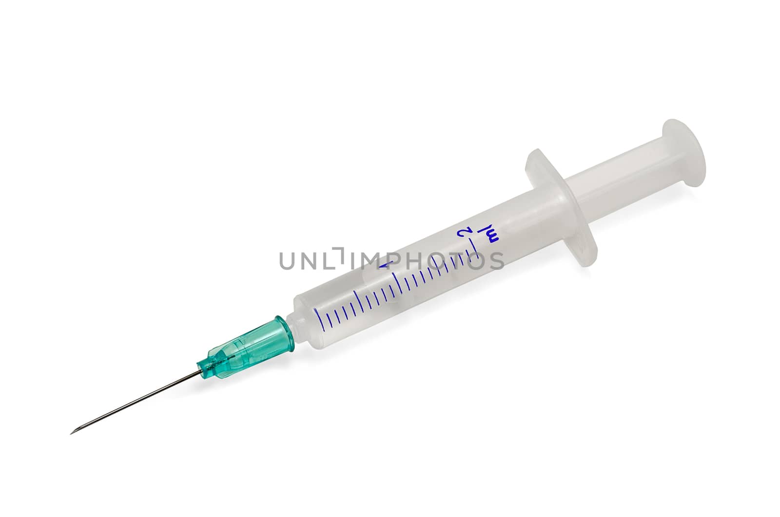 Plastic syringe with hypodermic needle isolated on white background.