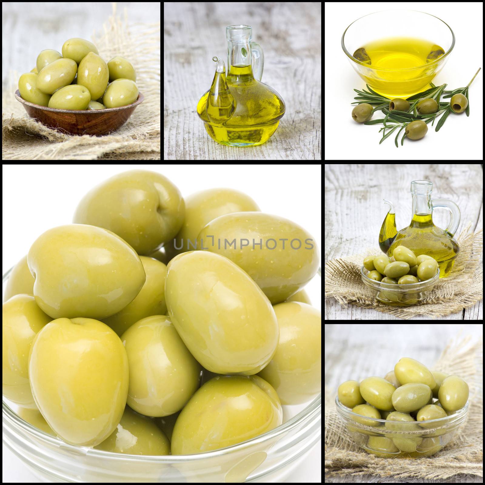 collage of six pictures of many olives and olive oil