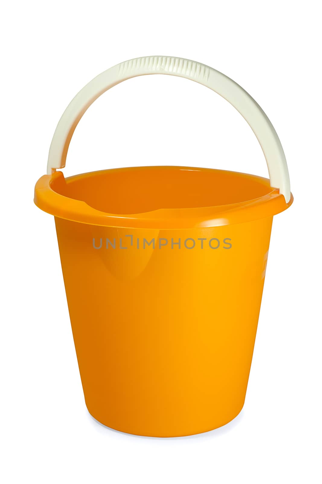 Yellow empty plastic bucket on white background