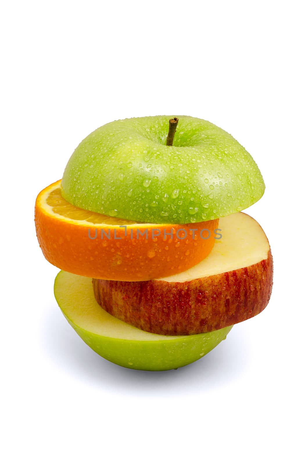Apple and orange slices isolated on white background