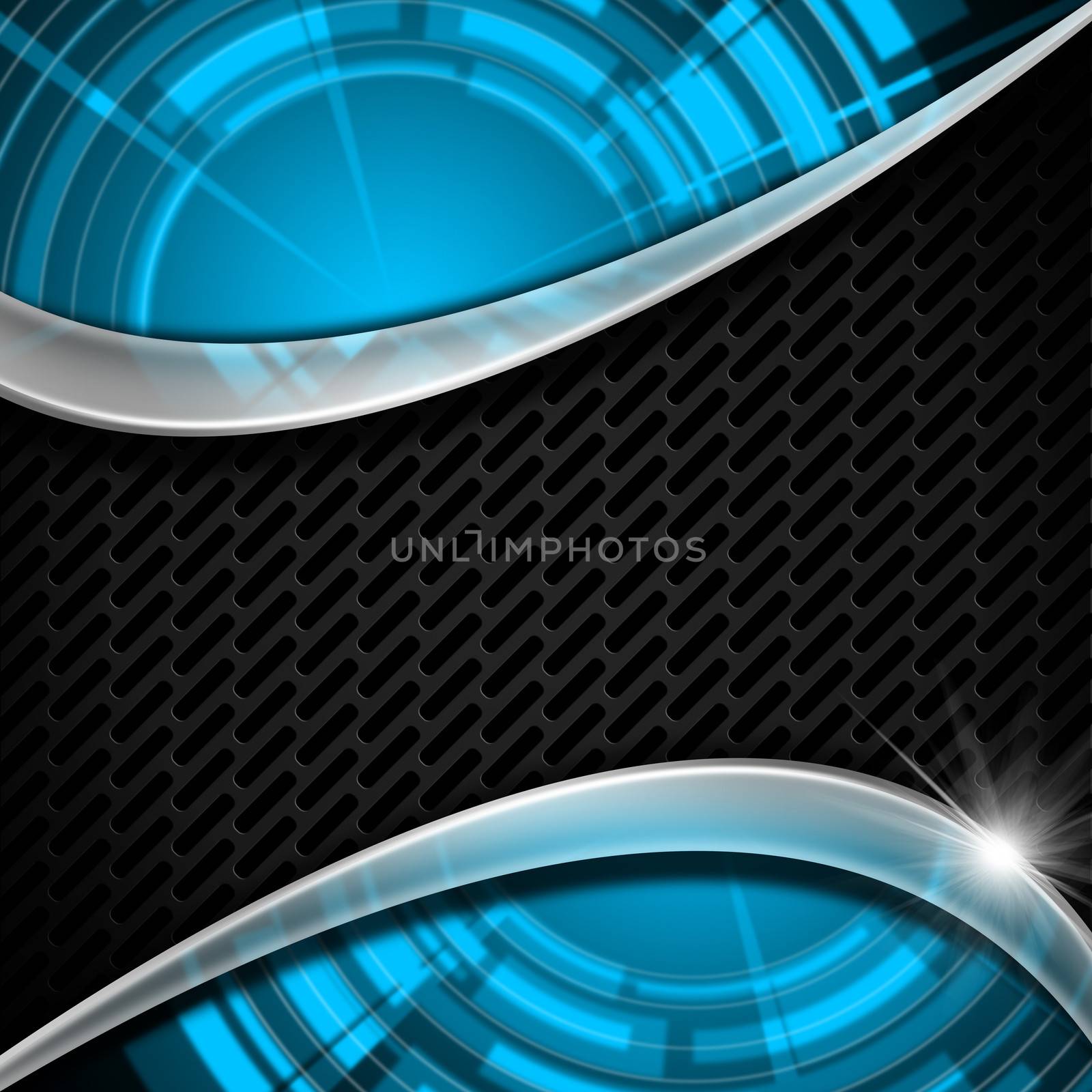 Abstract background with two blue areas with bright sectors and central dark gray grid
